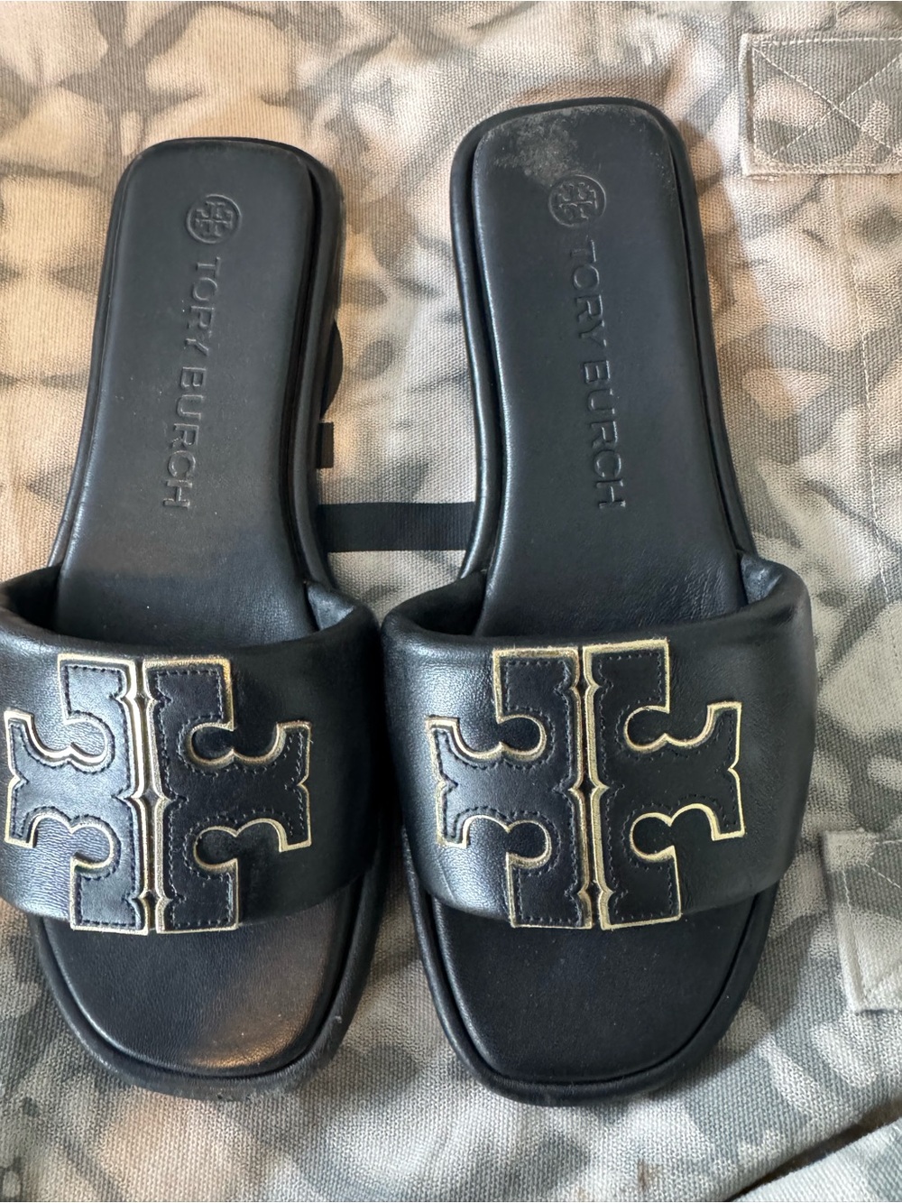 Tory Burch Black Leather Logo Slide Sandals with Gold Trim